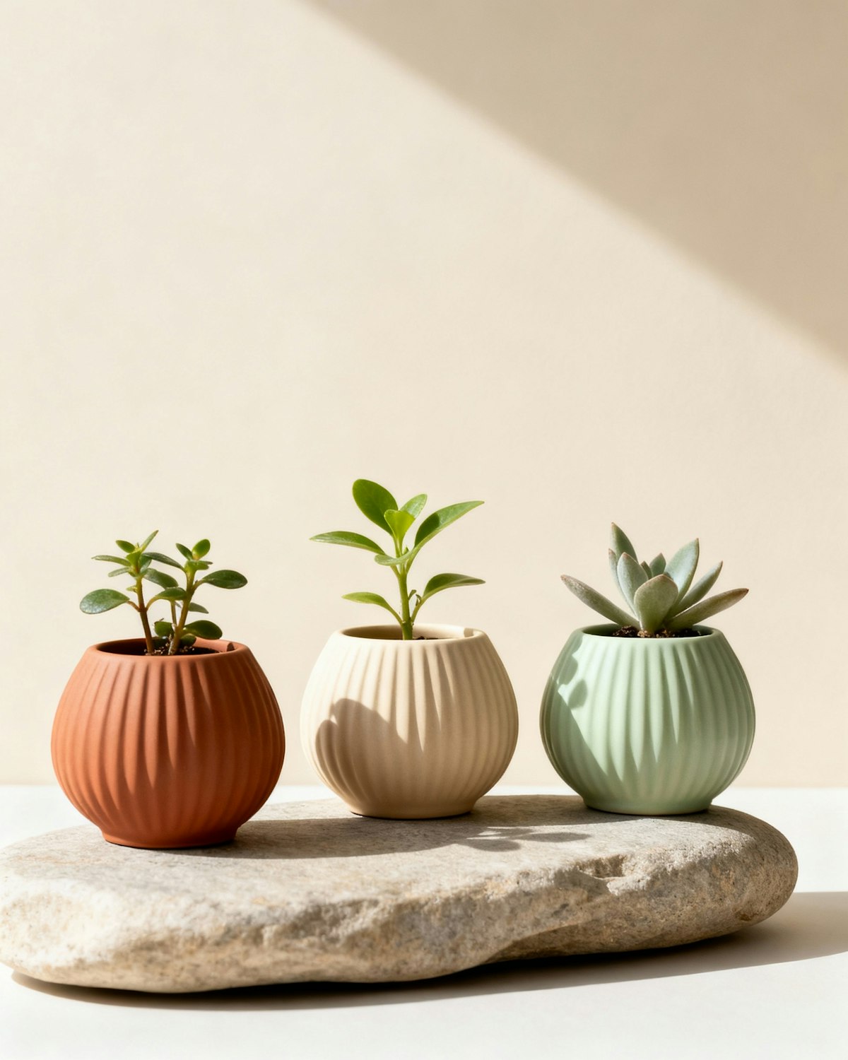 Three ribbed mini planters in terracotta, sand and sage holding young plants