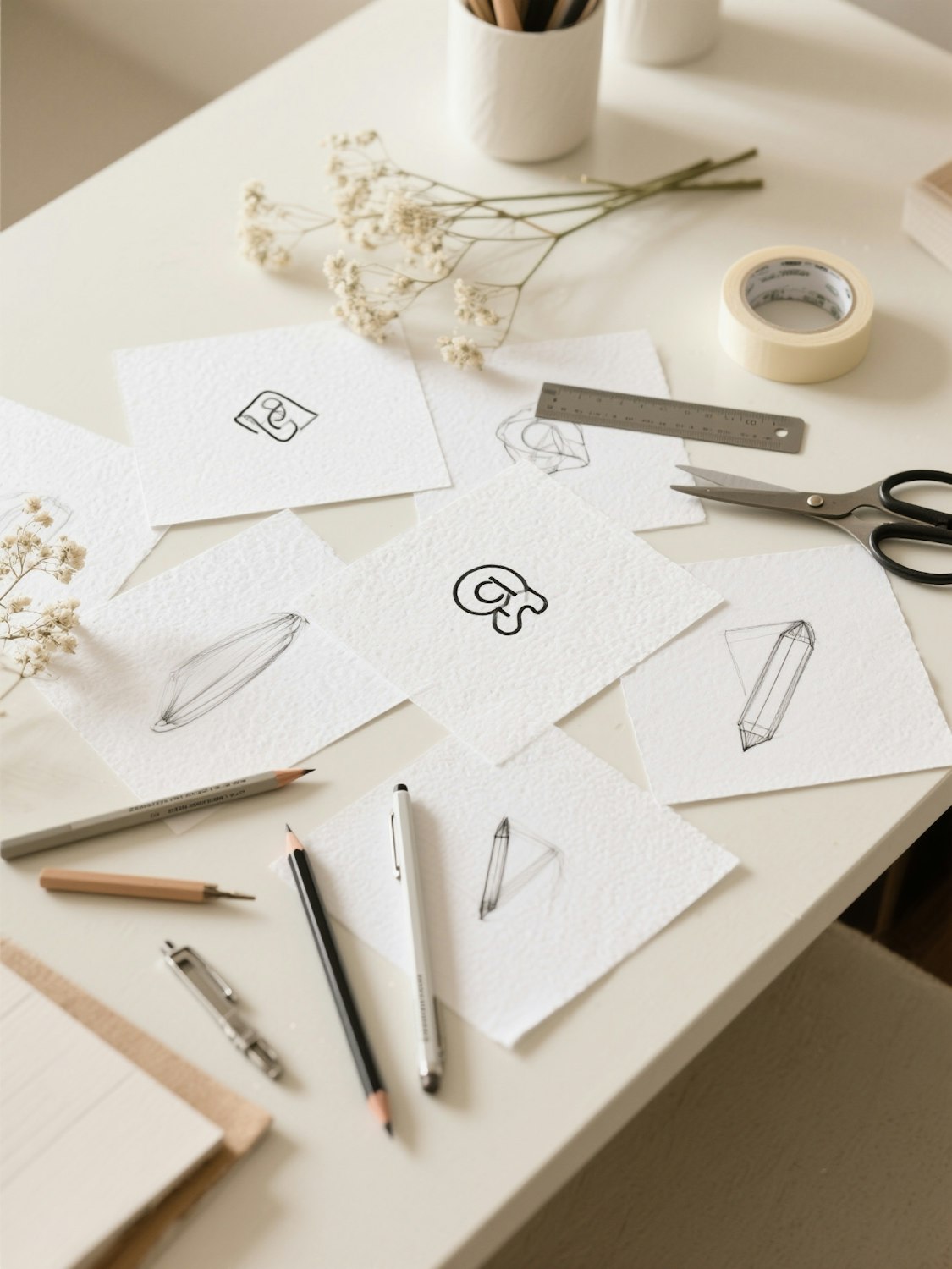 Design sketches, pencils and a steel ruler spread across a white studio desk