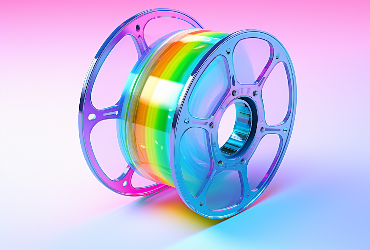 A spool of rainbow filament, the material every Layerform piece is printed from